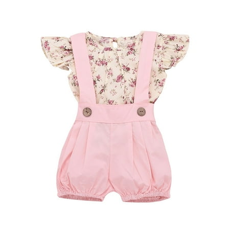 Lavaport Lovely Kid Girl Summer Cotton Floral Top + Pink Bib Shorts Children's Bib Shorts