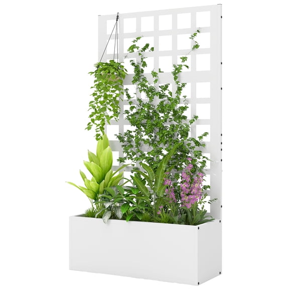 Galvanized Raised Garden Bed Planter Box with Trellis for Climbing Plants, Vegetable, Vines, 24" x 9" x 44.5", White