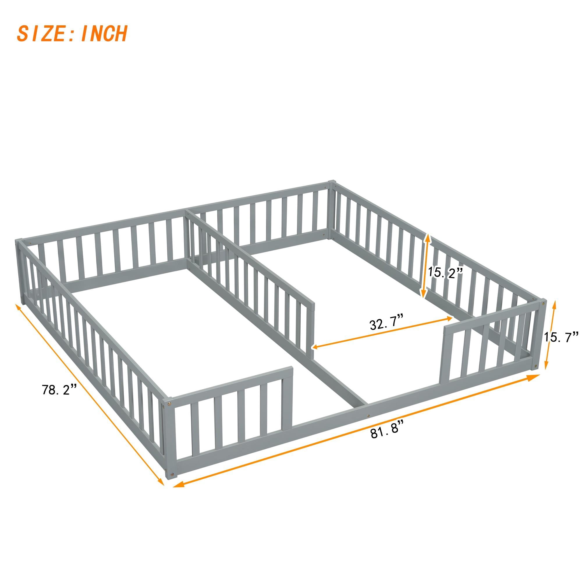 PORKISS Twin Size Floor Bed for Kids, Double Wood Montessori Bed Frame with Fence, Grey