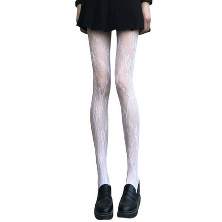 HEVIRGO 7PCS Women Pantyhose Lace Fishnet Hollow Out High Elasticity Flower Embroidery Ultra-thin Skinny Solid Color Japanese Style Anti-slip Lady Long JK Thighs Skirt And Shorts Accessory White