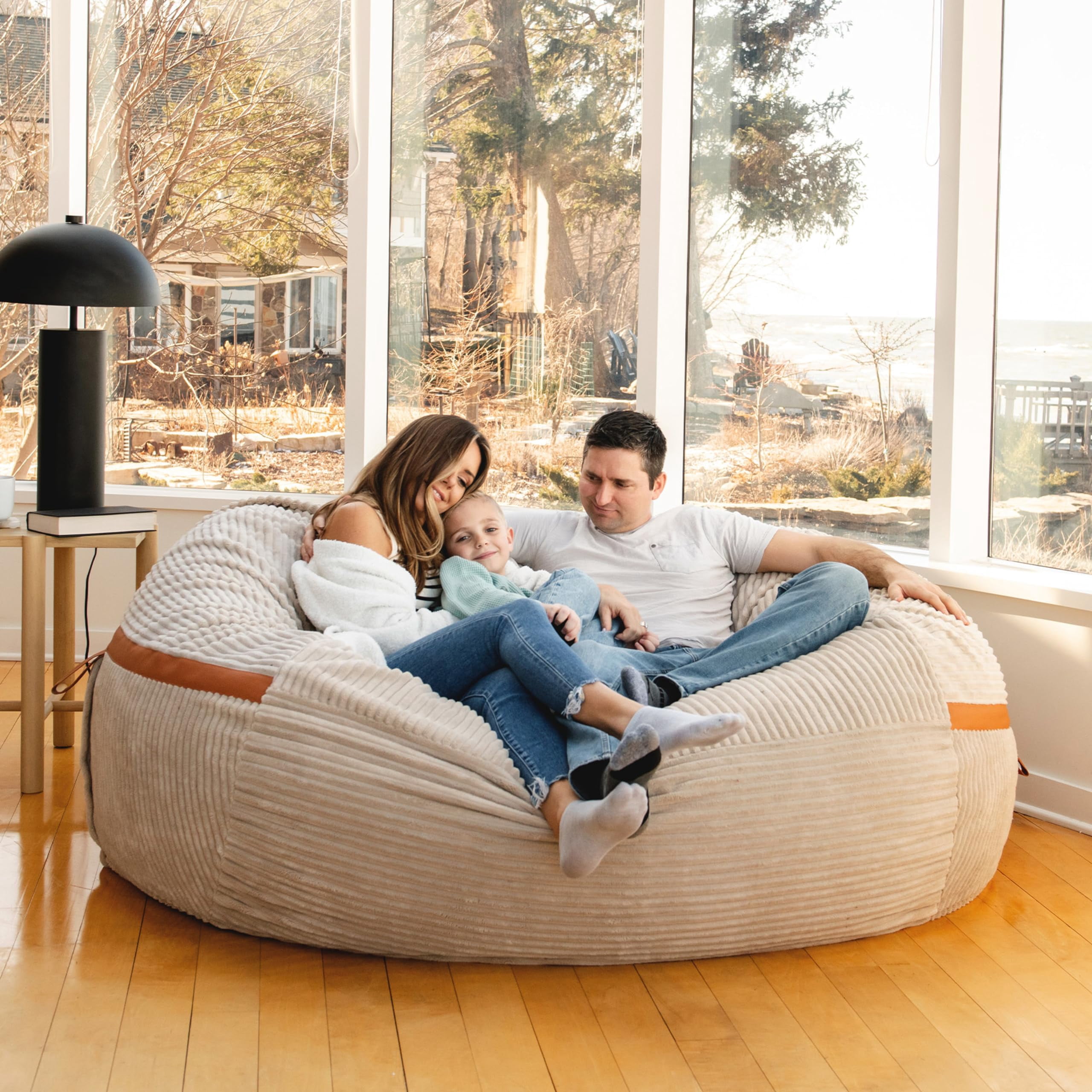 8Ft Giant Foam Bean Bag Chair, Oversized Couch with Removable Cover for Kids, Teens, Adults, Vanilla Latte Corded Plush, 8 Foot