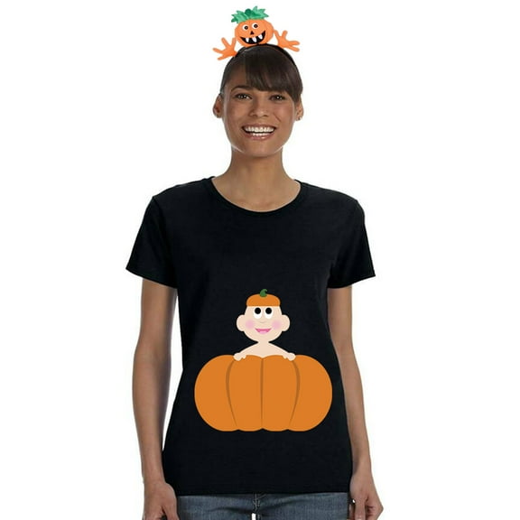 Halloween Costume Pumpkin Baby Maternity Costume T-Shirt with Jack-O-Lantern Headband