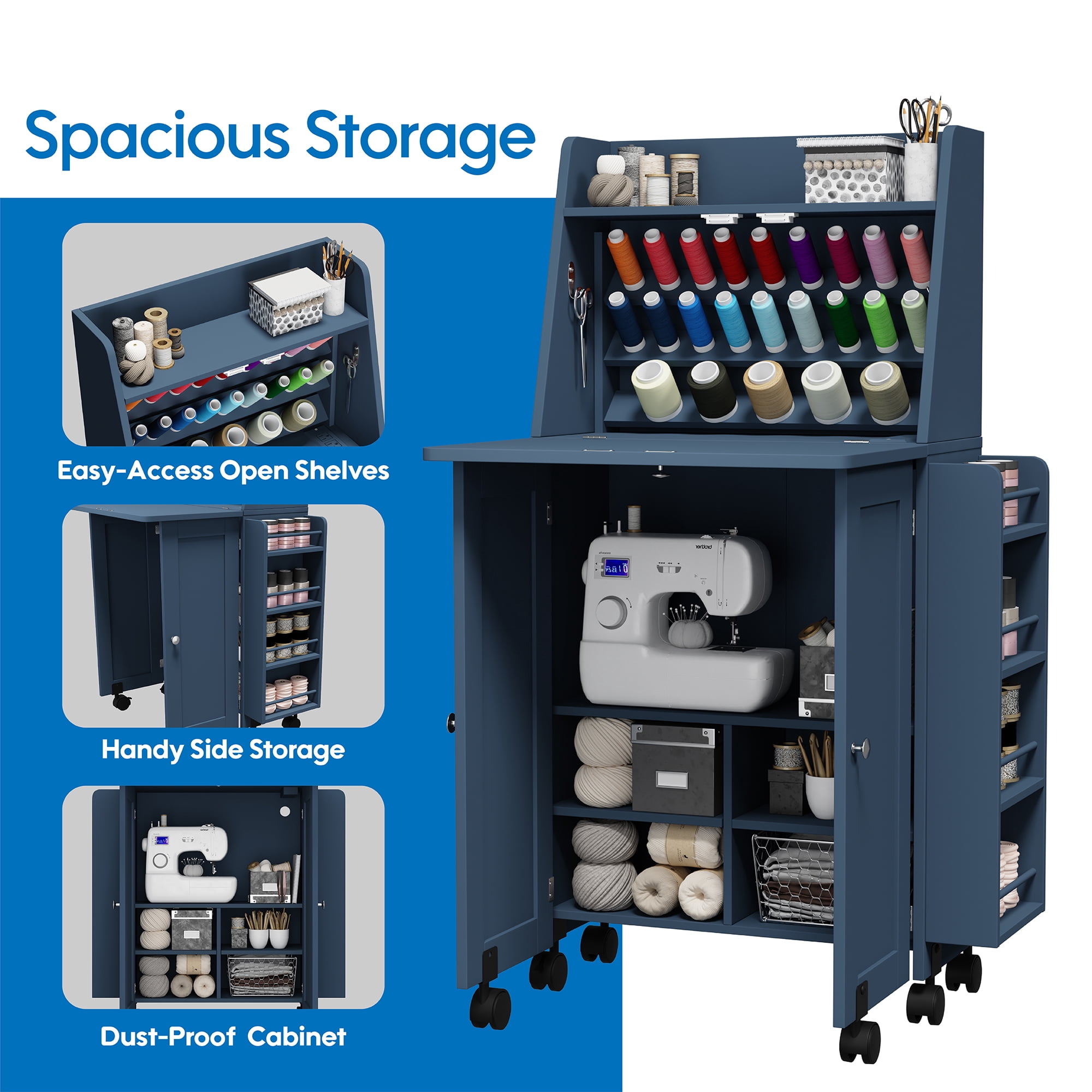 WARAYZ  Sewing Table & Storage Cabinet, Built-in Power Outlets, Spool Racks, Mobile Craft Desk with Lockable Wheels for Small Spaces, Blue