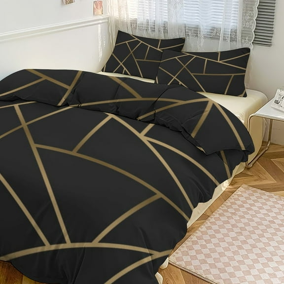 Gold Black Line Abstract Geometric 3D Pattern Duvet Cover Set Bedding Set Polyester Quilt Cover for Bedroom Decoration