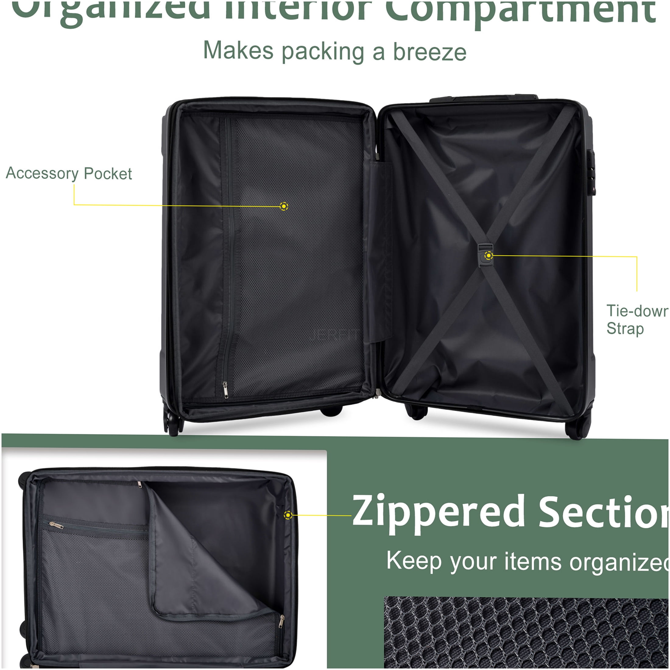 JERFIT 20-Inch Carry On Luggage with Spinner Wheels, TSA Lock & Packing Cubes, Hardshell ABS Suitcase for Travel, Blackish Green