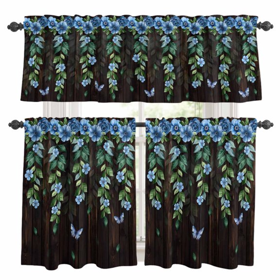 Blue Floral Spring Kitchen Curtains Sets for Windows 24 Inch Length, Summer Vintage Botanical Wooden Rod Pocket Window Treatments Tier Curtains and Valances Set for Bedroom/Bathroom