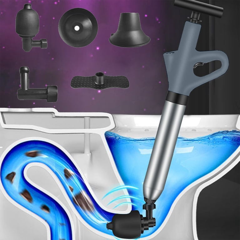High Pressure Toilet Plunger – Air Pump Drain Unclogging Tool With 3 Interchangeable Heads – Sink, Shower, Floor & Toilet Use