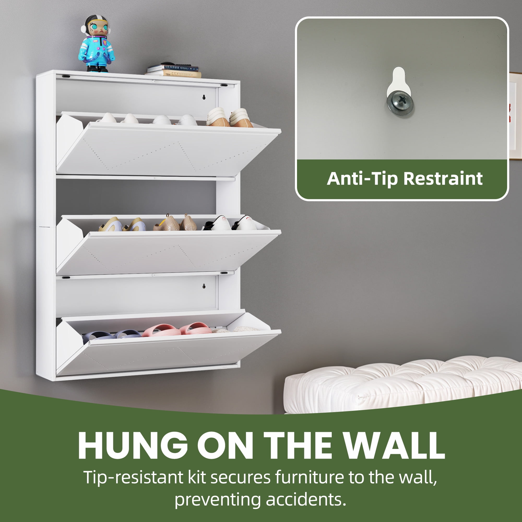Uforic 3-Drawer Metal Shoe Storage Cabinet, Wall Mount Shoe Rack Organizer, White