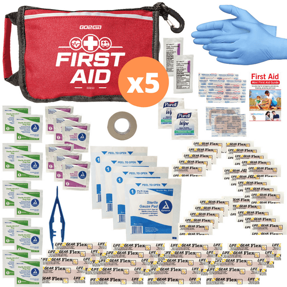 Go2Kits 5-PACK First Aid Kit 80 Pc Featuring Assorted Bandages, Wipes and First Aid Basics in Compact Fabric Kit for Home, Office & Travel (5 Pack)