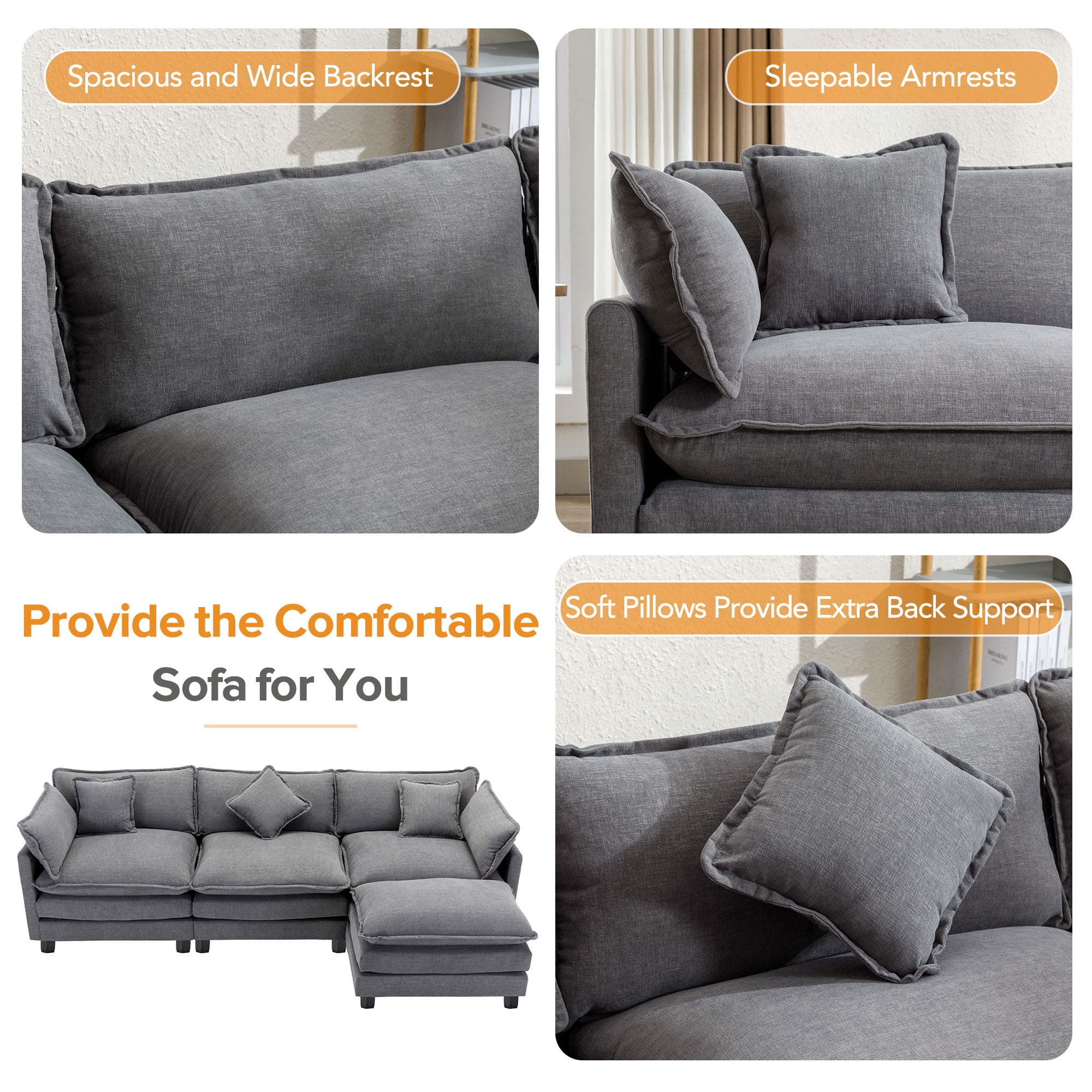 EUROCO 112.2" Modern L-Shape Sectional Sofa Couch, Chenille Upholstered Sofa with Ottoman and 5 Pillows, Indoor furniture for Living Room, Gray