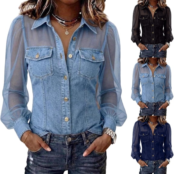 KLHDSF Denim Shirt Women Button Down Mesh Long Sleeve Jean Shirts Chambray Pearl Snap Shirt, Trendy Spliced Jean Tops, Chest Pockets, Daily Wear Black L
