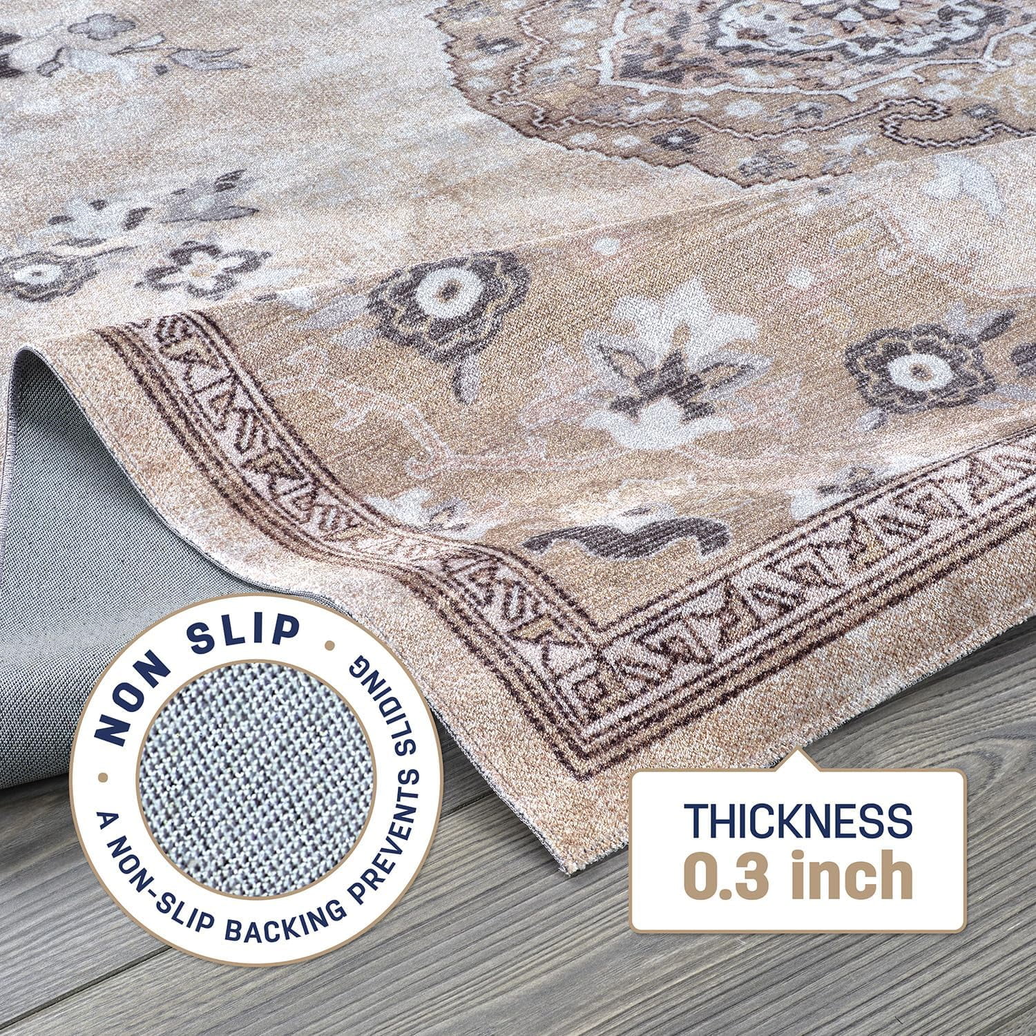 Beverly Rug Machine Washable Easy Cleaning Indoor Non-Slip Rugs Beige / Brown 4'x6'