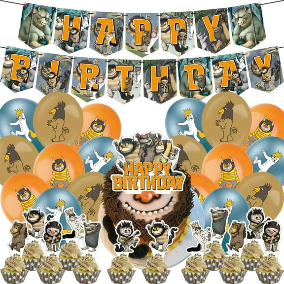 32 PCS For Where the Wild Things Are Theme Birthday Party Decorations Set 13 Cupcake Toppers,With 1 Happy Birthday Banner,18 Balloons,All-in-One Celebration Party Kit Supplies