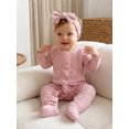 thumbnail image 5 of RUINIXCW Newborn Baby Girl Spring Fall Winter Clothes Outfit Knitted Footed Romper Long Sleeve Crew Neck Frills Zipped Footie Jumpsuit and Headband, 5 of 9
