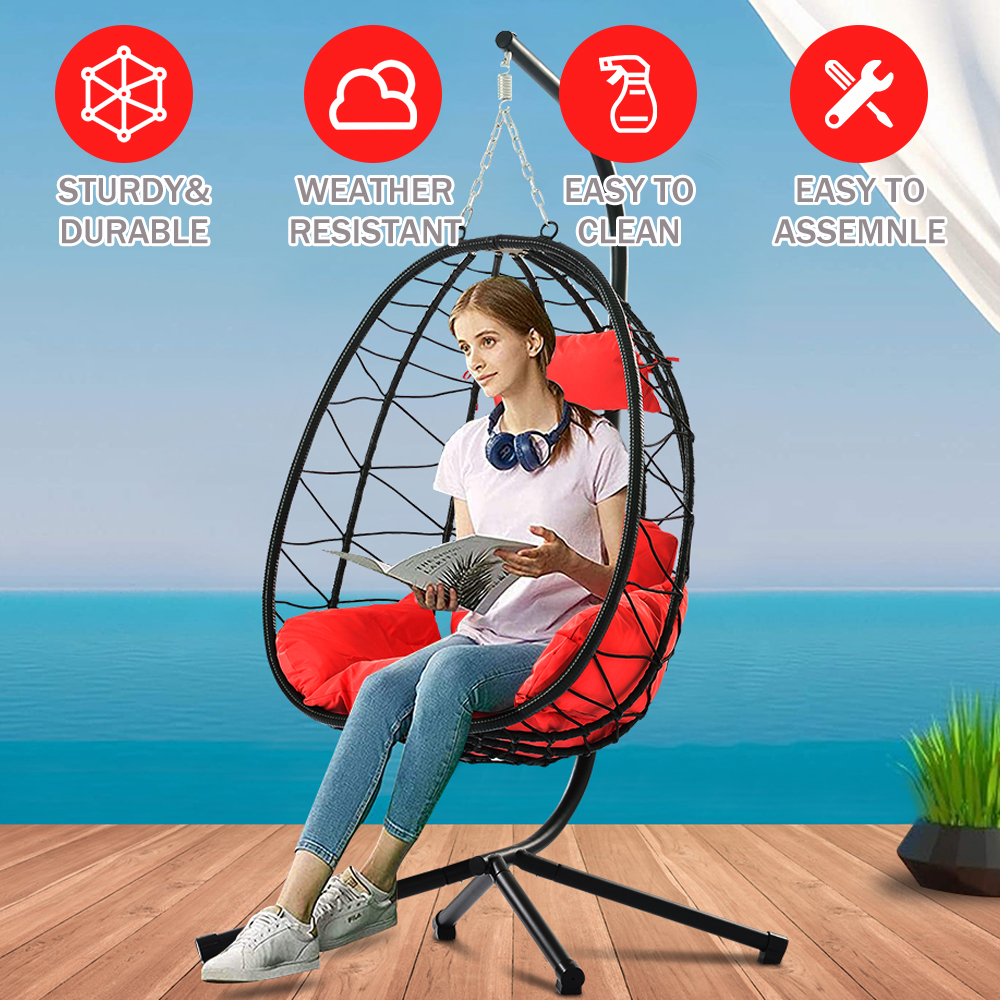 Hanging Wicker Egg Chair with Stand and Red Cushion, Heavy Duty Steel Frame Resin Wicker Hanging Chair, Outdoor Indoor UV Resistant Furniture Swing Chair with Headrest Pillow, 264lbs - image 3 of 13
