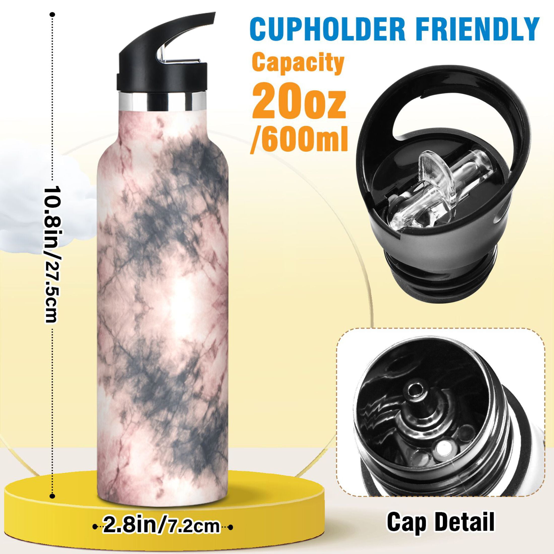 Kids Insulated Stainless Steel Sports Water Bottle 600ml (20oz) Soft Pink Tie-dye Pattern