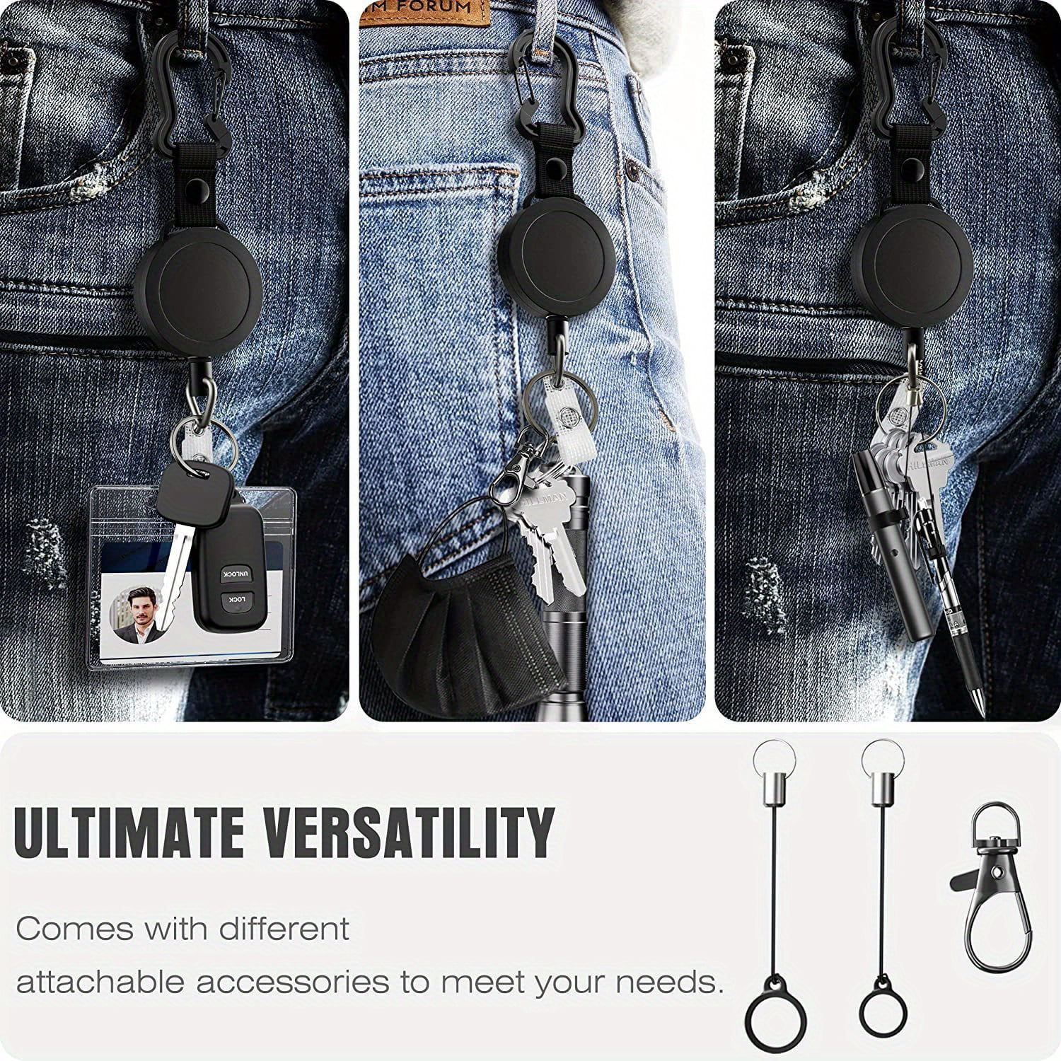 2 PACK Duty Retractable ID Badge Holder Key Reel with Adjustable Neck Lanyard, ID Badge Strap, 2 Pen Holders and Lobster Clip, Hold Up to 15 Keys