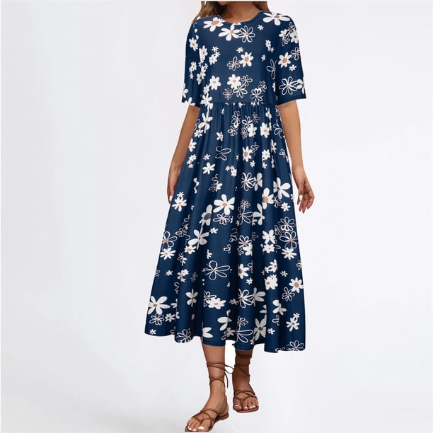 Puntoco Nuevo Vestido Floral De Margaritas Con Cuello Redondo Y Manga Corta De Verano Para Mujer, Azul L,Regalos Para Mujer Joven