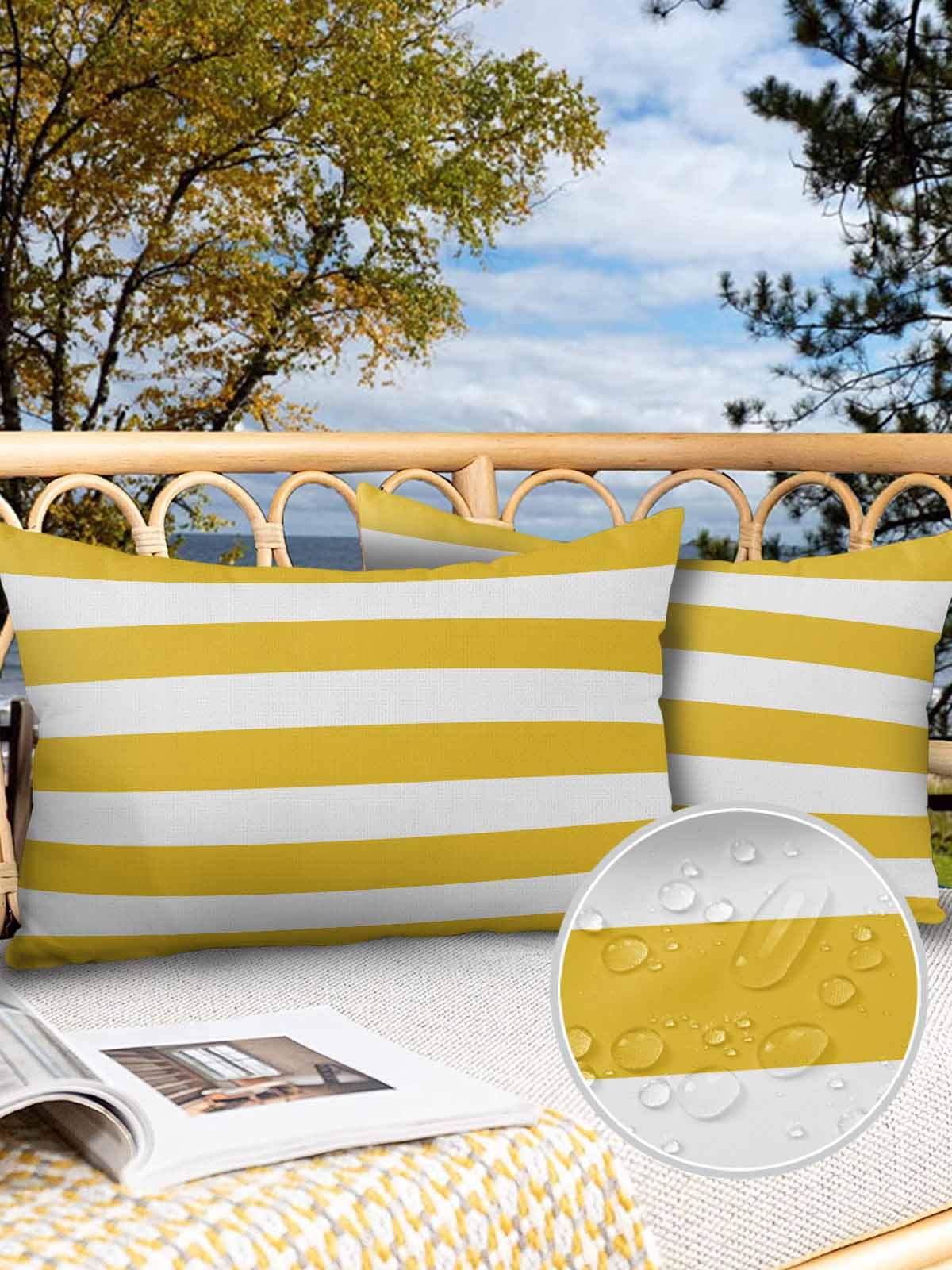 Outdoor Waterproof Throw Pillow Covers Set of 2 Yellow White Stripe Decorative Pillowcases Lumbar Outdoor Pillows Cushion Case 20x12 Inch Simple Style Striped Patio Pillows for Couch Sofa Bed Garden