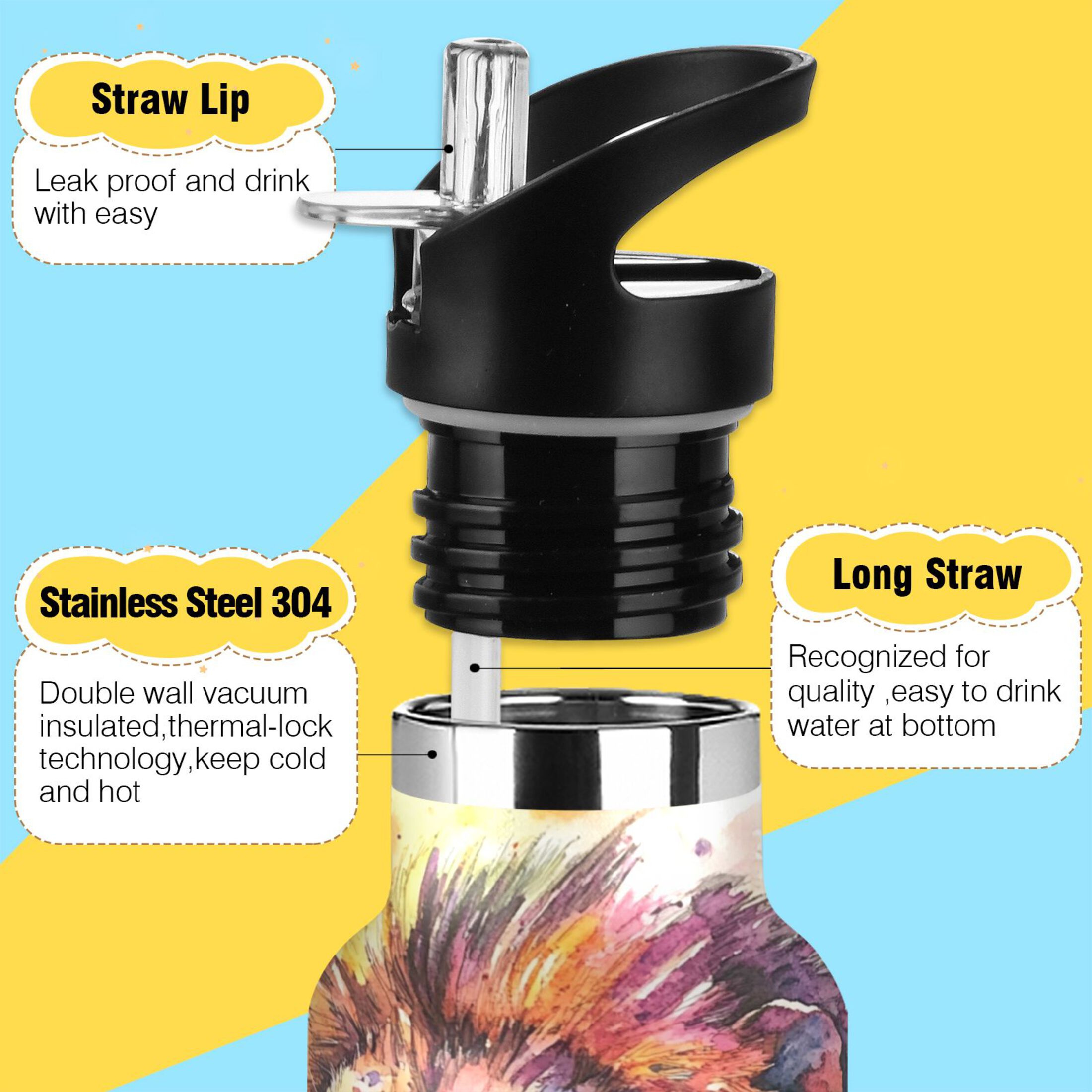 600ML Stainless Steel Insulated Cup Sports Water Bottle Portable Thermos Cup Water Glasses Insulated Tumblers Convenient and Durable Watercolor Beautiful Lion