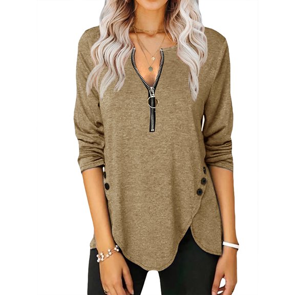 Auburet Women's Casual Long Sleeve Blouses Zipper Tunic V-Neck Button Side T-Shirts Tops