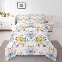 Homewish Retro Floral Queen Comforter Set,Kawaii Bowtie,Pink White Blue,3-Piece Luxury