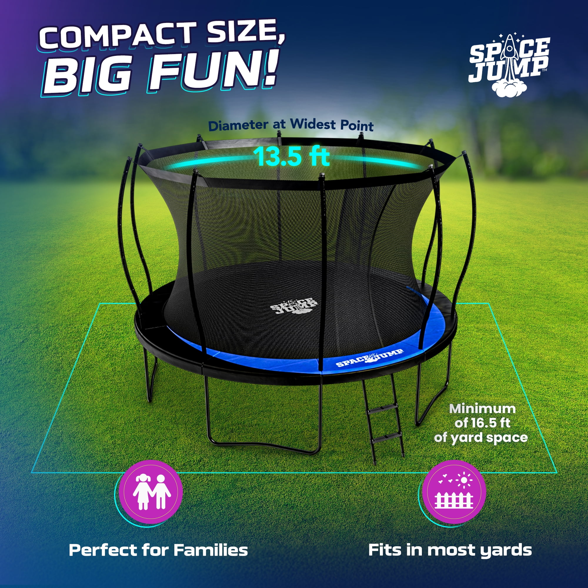 SpaceJump Lunar 12 Foot Trampoline, Outdoor Round Bouncer with Safety Net, Black