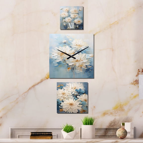 Designart "Ink-Blot Blooms: White and Blue Mums" Chrysanthemums Multipanel Clock For Living Room Décor - Large Traditional Wall Clock - Oversized White Wall Clock - Set Of 3