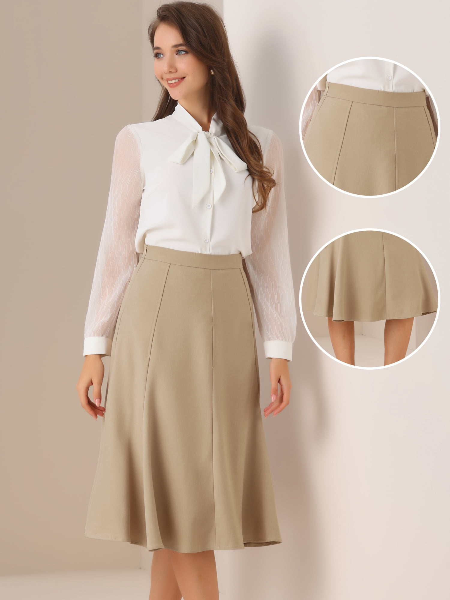 DARING DIVA Women's Side Zipper Flared Flowy A Line Midi Skirts XS Khaki