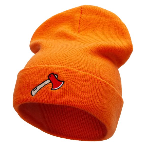 Camping Hatchet Embroidered 12 Inch Long Knitted Beanie - Orange OSFM