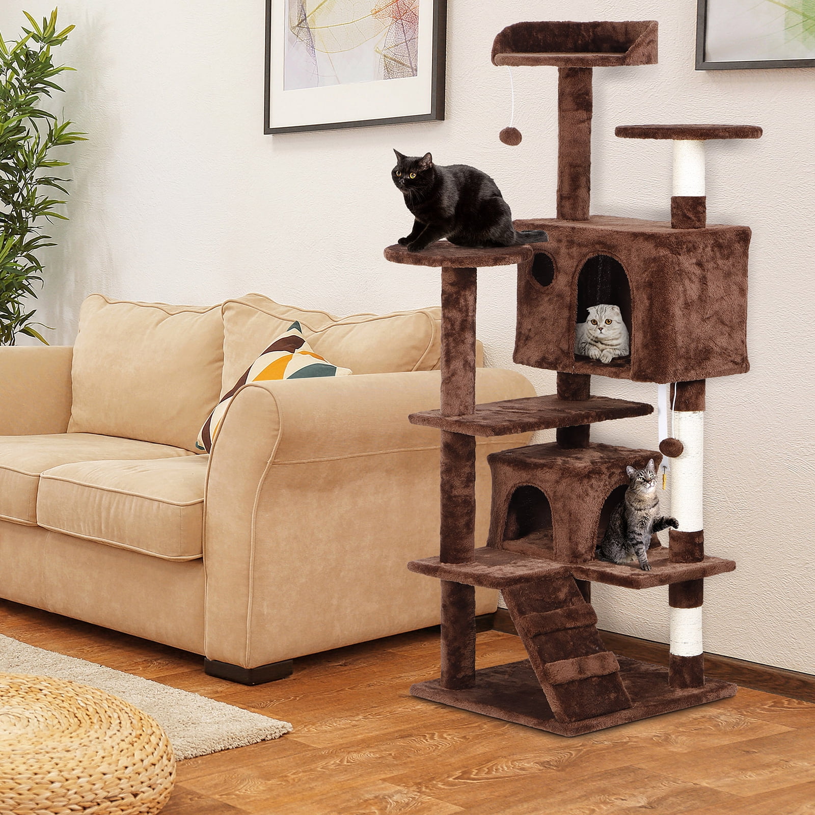 Favory Cat Tower Multi-Level Durable Cat Scratching Post & Cozy Fun Cat Jumping Platform Space Saving Cat Condo Pet Play House for Indoor Cats,55",Brown