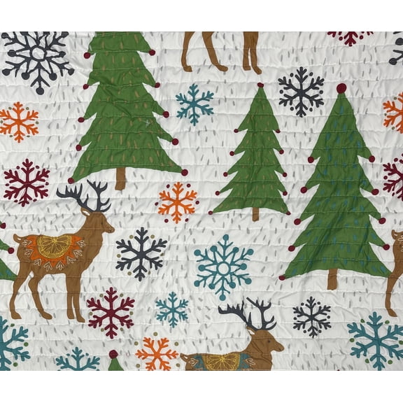 Levtex Home - Tinsel Quilt Set - King Quilt Two King Pillow Shams - Folk Christmas Reindeer - Quilt Size (106x92in.) and Pillow Sham Size (36x20in. ) - Reversible