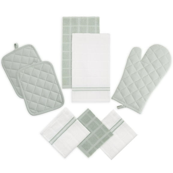 Mainstays Kitchen Towel, Dishcloth, Oven Mitt, and Pot Holder 8 Pack Set, Sage, 100% Cotton