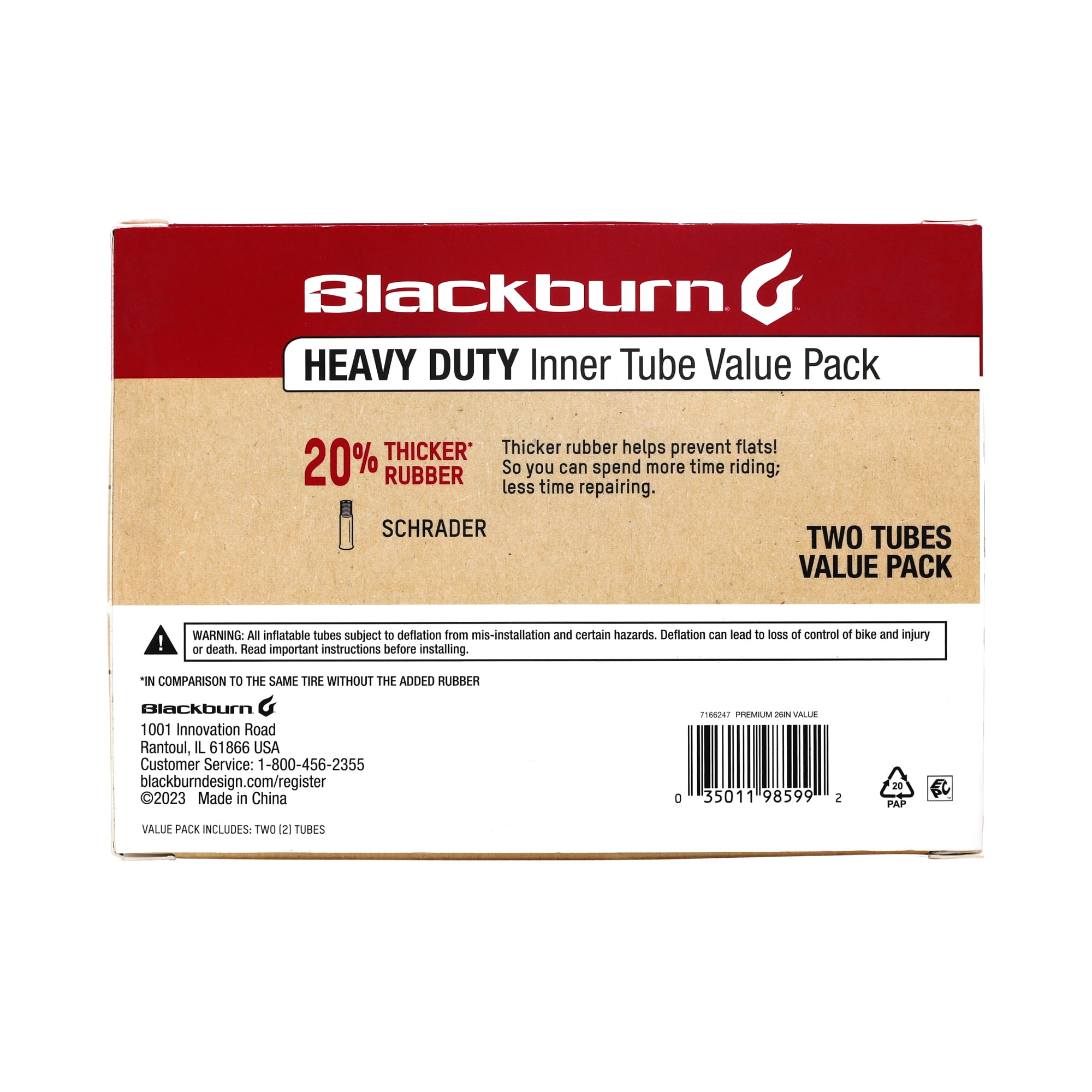 Blackburn 26IN X 1.75-2.25 Schrader Value Pack Heavy Duty Bicycle Inner Tube with Tire Levers