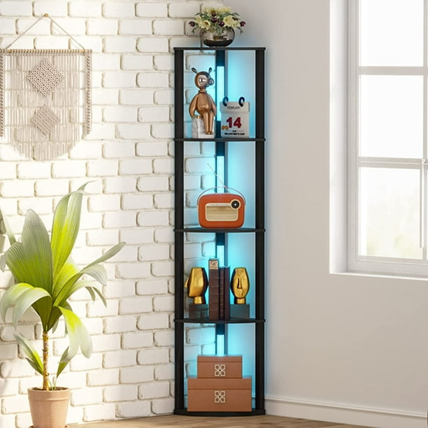 Tribesigns Corner Display Shelf with LED Lights, Wooden Floor Lamp for