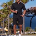 thumbnail image 2 of 2 PC Outfit Set for Men Collared Short Sleeve Button Down Shirt and Drawstring Shorts Casual Summer Ribbed Outfit Sets Black M, 2 of 8