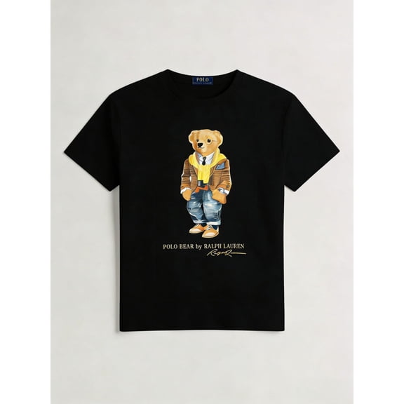 Stylish new casual bear print crew neck T-shirt short sleeve top