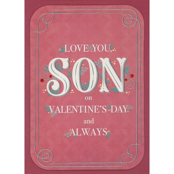 Designer Greetings Light Red 3D Die Cut Banner with Rounded Corners and Red Gems Over Dark Background Hand Decorated Valentine's Day Card for Son