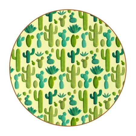 

OWNTA Hand Drawn Green Yellow Cactus Pattern Premium Microfiber Leather Round Coasters (6PCS) - 11x11 cm/4.3x4.3 in - Durable & Stylish Cup Mat Set