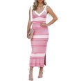 thumbnail image 2 of Women Summer Midi Bodycon Sweater Dress Sexy V Neck Tie Shoulder Striped Knit Side Slit Sleeveless Tank Dress, 2 of 5