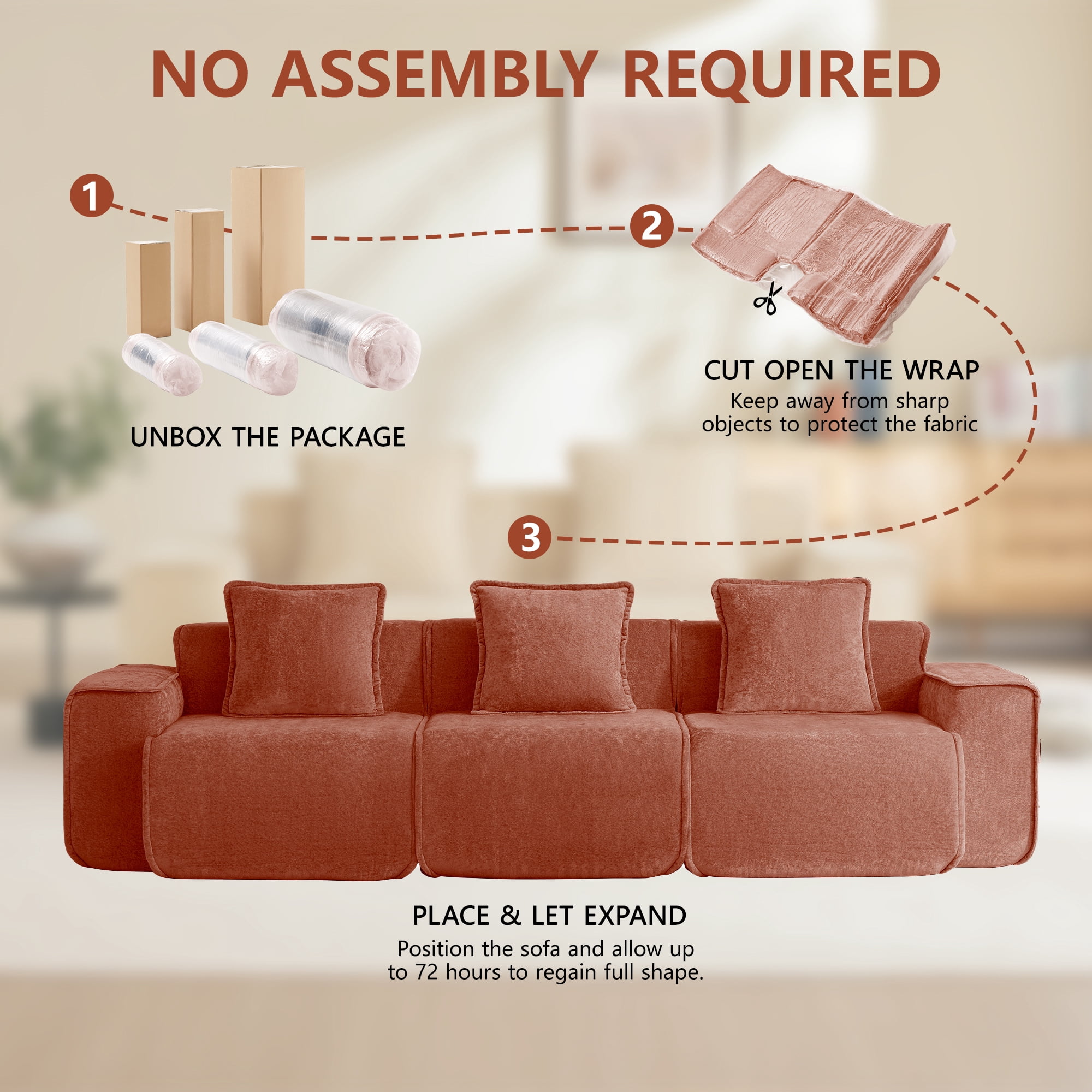 Aukfa 109" Oversized Boneless Couch Deep Seat 3 Seat Cloud Sofa for Living Room Bedroom, 3 Pillows, Velvet, Terracotta