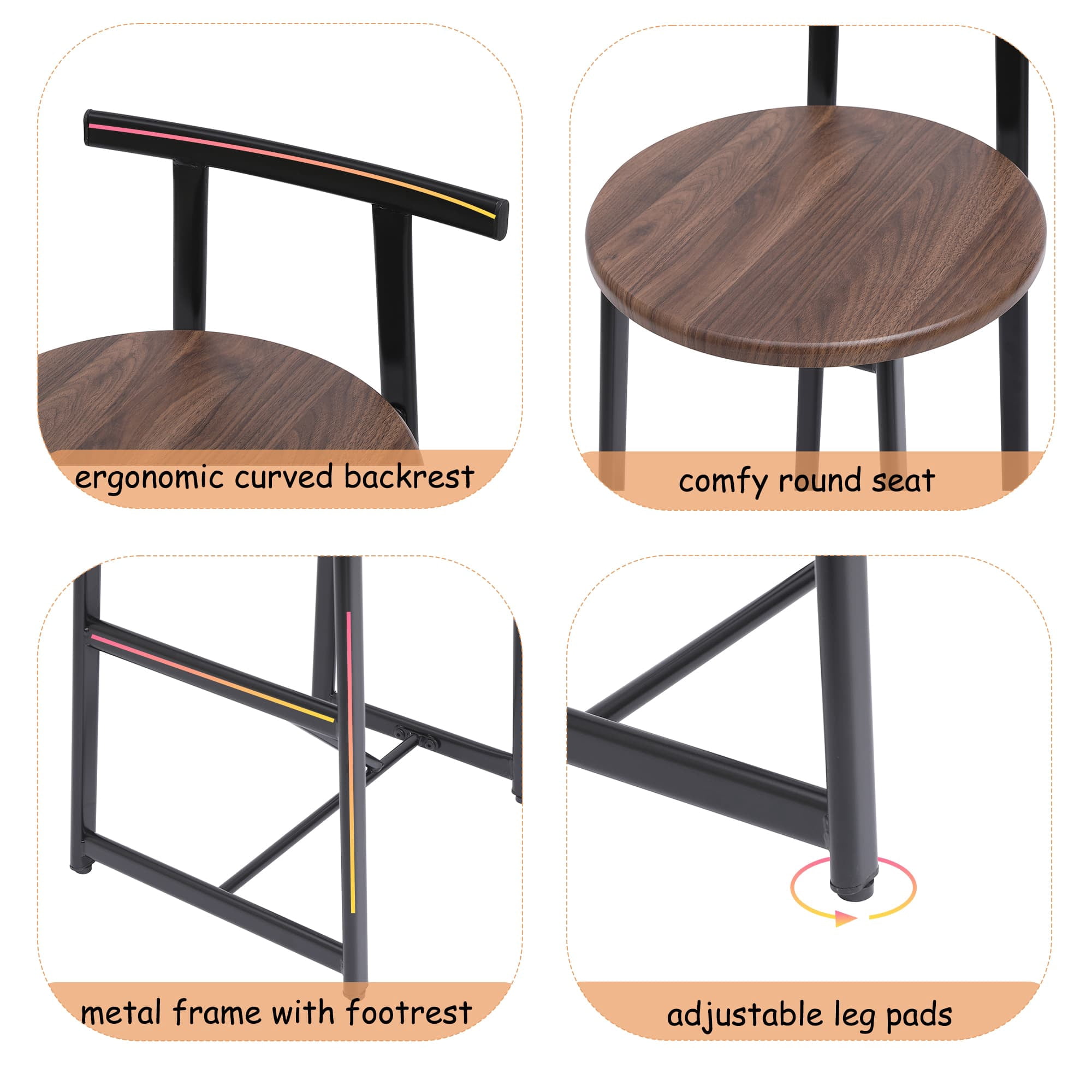 MAYEERTY Bar Stool Set of 3 - Counter Height with Back, Armless for Kitchen Island (Black & Walnut Brown)