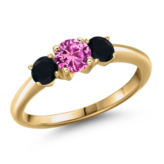 Gem Stone King 18K Yellow Gold Plated Silver Pink Created Sapphire and Black Onyx Engagement Ring for Women | 0.99 Cttw | Round 5MM | Gemstone September Birthstone | Size 7