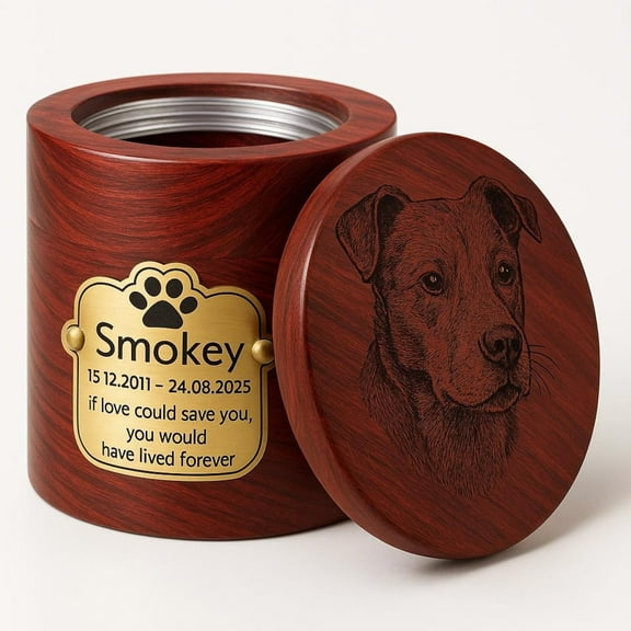 Custom Pet Portrait Engraved Wooden Urn Box for ashes, Cremation Dog Urn for Ashes