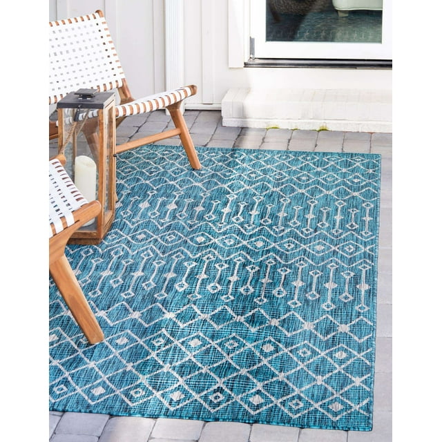 Unique Loom Trellis Collection Tribal Geometric Transitional Indoor and Outdoor Flatweave Area Rug, 8' x 11' 4", Teal/Gray