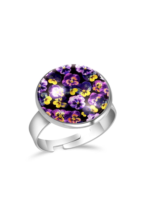 Purple Pansy Floral Skull Pattern Stainless Steel Rings for Women, Open Adjustable Ring Promise Ring Jewelry Gifts