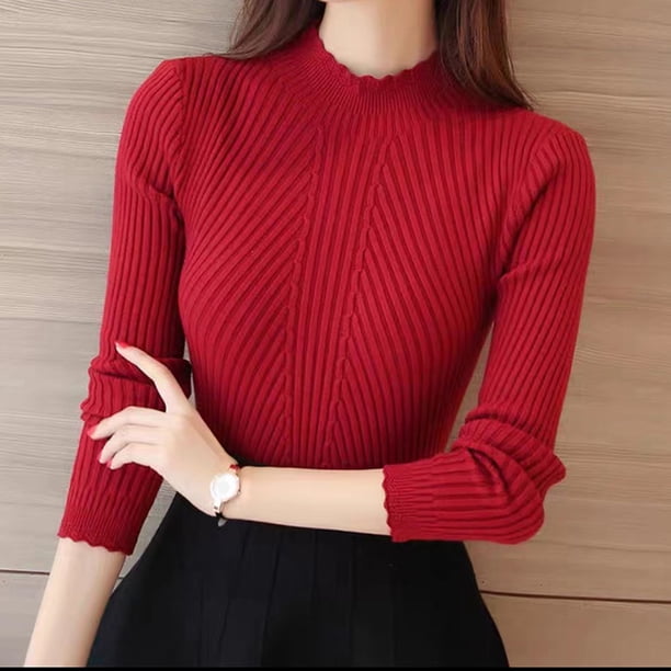 HELIAR Women Autumn Long Sleeve Knitted Bottoming Solid Sweater Mock Neck Ruffles Sweater Casual Office Slim Pullovers Winter