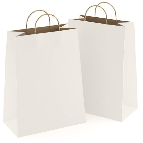 White Kraft Paper Bags with Handles Bulk, 5.25 x 3.75 x 8 Inch. Pack of 250 Foldable Shopping Bag, 150 GSM. Kraft Paper Gift Bags with Handles. Gift Gag Bulk for Wedding favors, Valentines Day