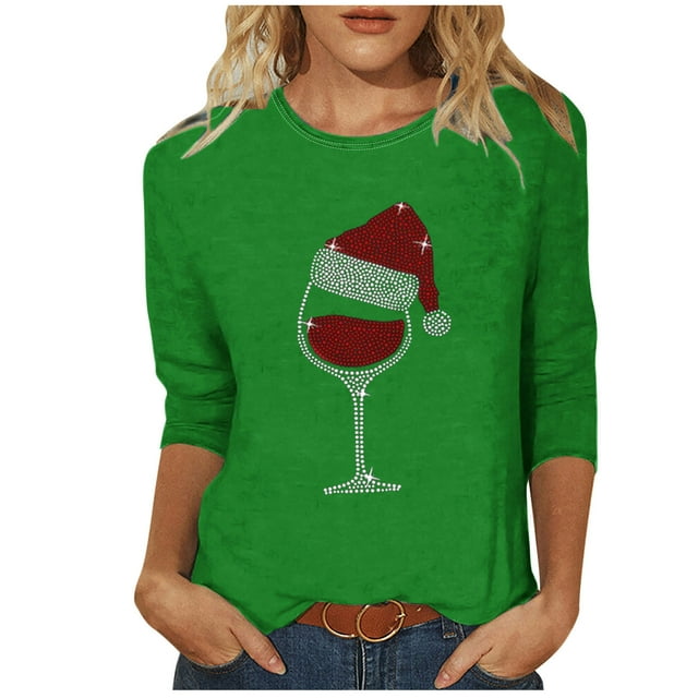 aidice T-Shirts de Noël pour Femmes Manches 3/4 Hauts Col Rond Strass Brillants Motif Verre de Vin Rouge Chapeau de Père Noël Tunique Décontractée