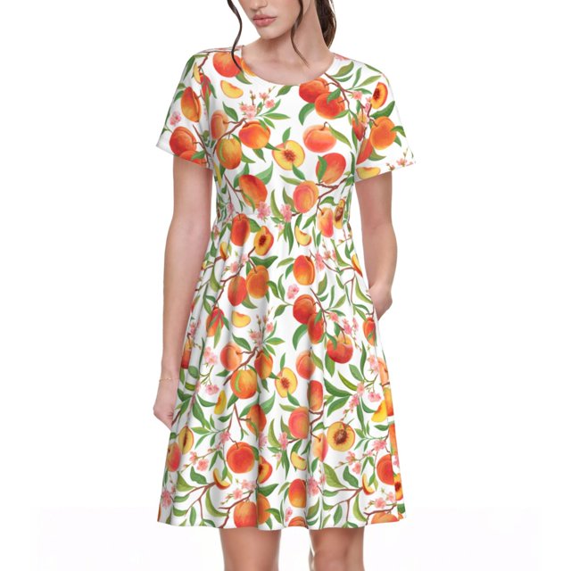 Vsdgher Fruits Peach2 pour Femmes Été 2025 Décontracté Robes Midi Maxi Légères Manches Courtes Col Rond Robe de Plage